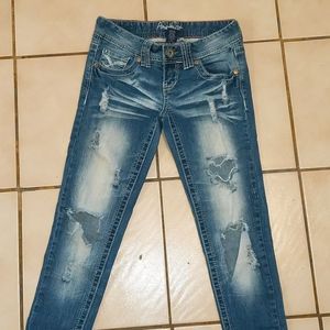 Distressed Low Rise White Washed Amethyst Skinny Jeans, Size 1, 28" Waist